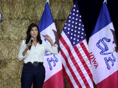 Republican presidential candidate Nikki Haley speaks to guests during the Joni Ernst's Roast and Ride event on June 03, 2023 in Des Moines, Iowa.