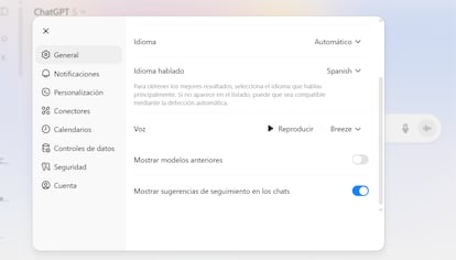 Opciones de configuración de ChatGPT