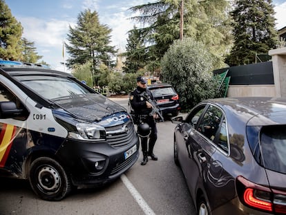 Police outside the Ukrainian embassy in Madrid.