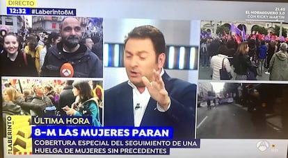 Albert Castillón presentando 'Espejo público' en Antena 3 en vez de Susanna Griso el 8 de marzo.