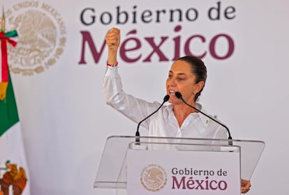 Claudia Sheinbaum durante un acto protocolario este domingo en Alvaro Obregón, en el Estado de Michoacán.