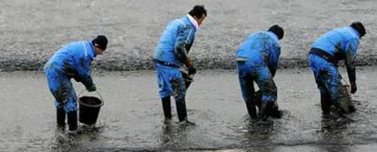 Un grupo de surcoreanos ayuda a limpiar de crudo la playa de Mallipo, una de las más famosas del país.