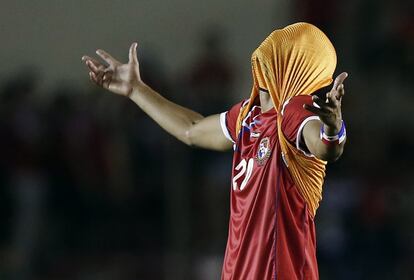 El jugador de Panamá Anibal Godoy se lamenta al finalizar el partido.