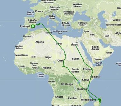 Ruta de migración anual de un halcón de Eleonora, seguido por la Universidad de Alicante