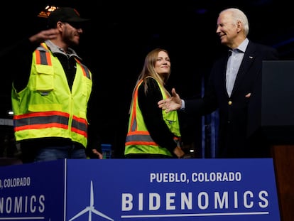 U.S. President Joe Biden greets a worker at CS Wind, the largest wind tower manufacturer in the world, in Pueblo, Colorado, U.S., November 29, 2023.