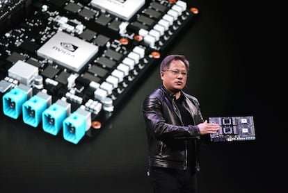 Jensen Huang, CEO of Nvidia, during the Nvidia conference at CES in Las Vegas, Jan. 7, 2018.