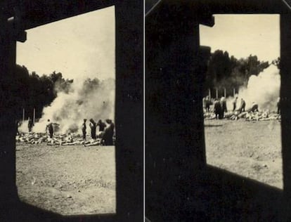 Dos de las cuatro fotografías tomadas desde el interior de un crematorio por un 'sonderkommando' en Auschwitz: se ve la incineración de cadáveres al aire libre.