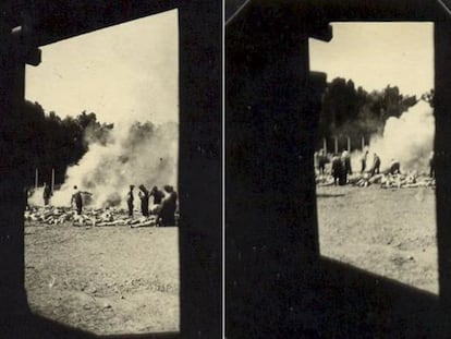 Dos de las cuatro fotograf&iacute;as tomadas desde el interior de un crematorio por un &#039;sonderkommando&#039; en Auschwitz: se ve la incineraci&oacute;n de cad&aacute;veres al aire libre.