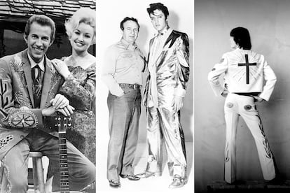 De izquierda a derecha, Porter Wagoner, con un Nudie Suit, junto a Dolly Parton, hacia 1967; Nudie Cohn junto a Elvis Presley, que luce el diseño conocido como ‘el traje de los 10.000 dólares’, y Gram Parsons, en 1969, con uno de los conjuntos creados por Nudie Cohn.