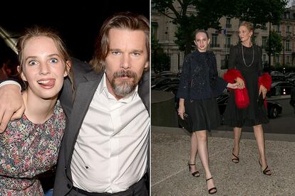 Con su padre, Ethan Hawke, este año en los Film Independent Spirit Awards. Y asistiendo al desfile de Miu Miu en París con su madre, Uma Thurman, en 2014.