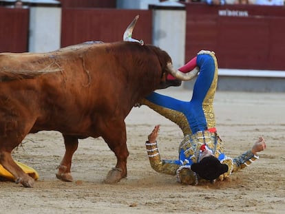 El torero Ritter, corneado cuando intentaba hacer un quite por chicuelinas al cuarto toro de la tarde.