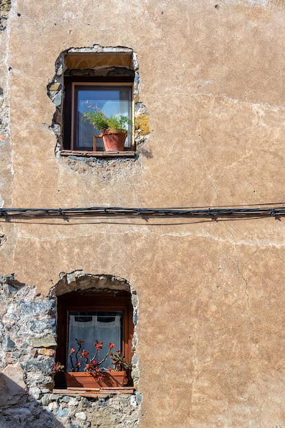 Exterior de un edificio antiguo con dos ventanas con plantas en macetas en Castellfollit de la Roca, España.