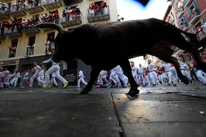 Los corredores con toros del rancho La Palmosilla durante el primer día del encierro en las fiestas de San Fermín en Pamplona.