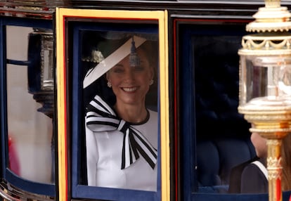 The Princess of Wales smiles while riding a float during the'Trooping the Colour' parade, this Saturday in London.