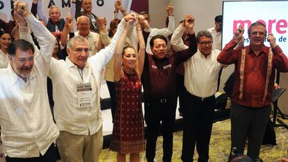 Las 'corcholatas' morenistas en una conferencia de prensa el 11 de junio de 2023.