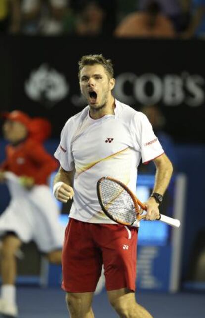 Wawrinka celebra su victoria ante Berdych.