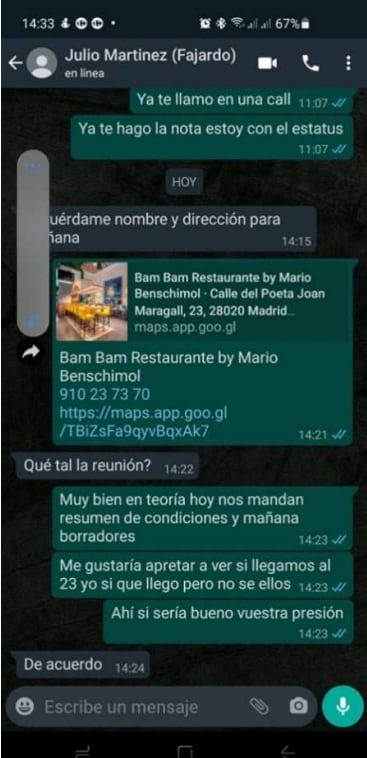 La captura de la conversación de Roberto Roselli (Plus Ultra) con Julio Martínez (Análisis Relevante), en febrero de 2021, según el informe de la UDEF.