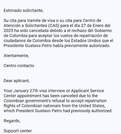 Detalle del correo electrónico en el que se les notificó a la pareja colombiana la cancelación de la cita para la solicitud de visa a Estados Unidos.