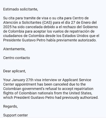 Detalle del correo electrónico en el que se les notificó a la pareja colombiana la cancelación de la cita para la solicitud de visa a Estados Unidos.