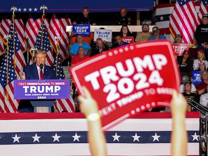 Former U.S. president and Republican presidential candidate Donald Trump speaks at a campaign rally in Erie, Pennsylvania on Saturday.