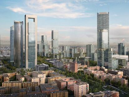 Recreación del futuro desarrollo Madrid Nuevo Norte, a la derecha, junto al área de las Cuatro Torres.