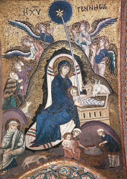 Mosaico representando la natividad en la iglesia de La Martorana, Palermo.