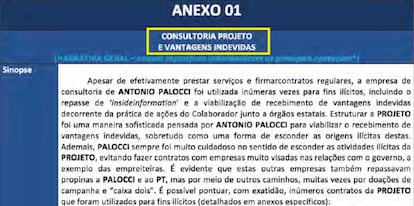 Primera página de la propuesta de colaboración del ex-ministro Antonio Palocci.