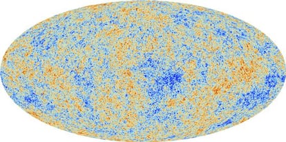 Mapa de variações de temperatura na radiação cósmica de fundo realizado com os dados do telescópio espacial ‘Planck’.