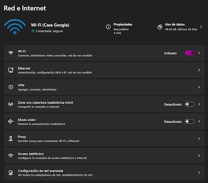 Opciones de redes en Windows 11