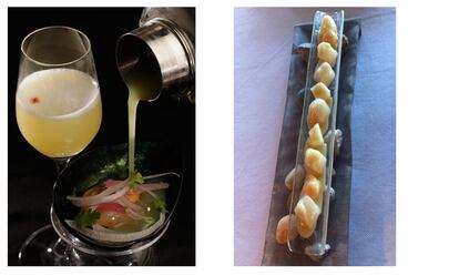 A la izquierda, Mejillón tigre con pisco sour; a la derecha, plato de navaja con garbanzos