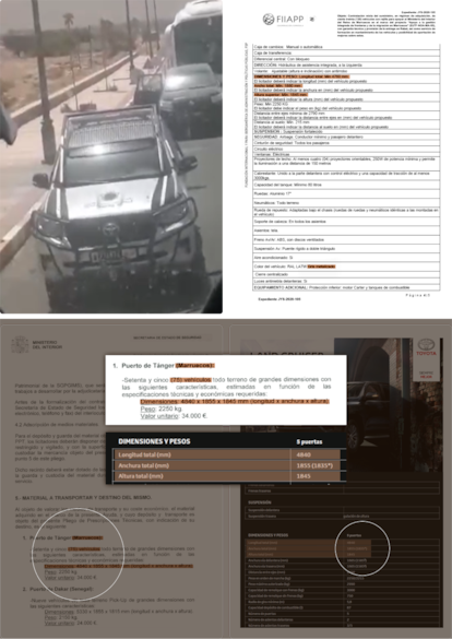 In 2022, the International and Ibero-American Foundation for Administration and Public Policies (FIIAPP), the Spanish cooperation agency through which EU funds are channeled, announced the completion of the purchase of 130 Toyota vehicles to support the Moroccan Ministry of the Interior in its immigration control efforts. More than $8 million came out of the EU Emergency Trust Fund for Africa. 

Of all the vehicles sold by Toyota Du Maroc — to which the contract was awarded — only the Land Cruiser model was compatible with the dimensions specified in the tender. The vehicles in question also had to be metallic gray and have protective grilles. This allows them to be identified more easily in videos of the raids. Another 75 cars donated by Spain in 2018 have practically the same characteristics of the Land Cruiser.