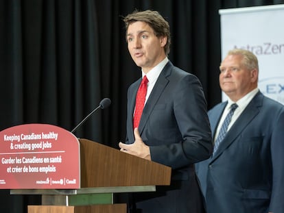 Canadian Prime Minister Justin Trudeau answers questions at an announcement in Mississauga, Ontario, on Monday, February 27, 2023.
