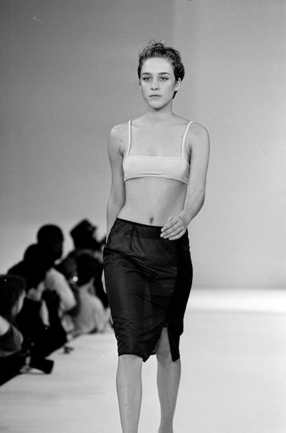Chloë Sevigny on the catwalk, modelling for Miu Miu, in New York City, 1995.