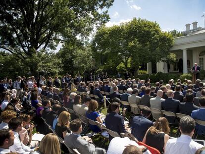 Trump, este jueves en su comparecencia en la Casa Blanca