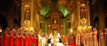 Representación del Cronicón de Oña (Burgos), en la capilla mayor y los dos panteones de la iglesia abacial de San Salvador, fundada por Sancho García en el año 1011.