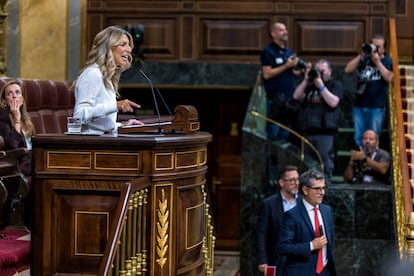 La vicepresidenta segunda y ministra de Trabajo y Economía Social, Yolanda Díaz, interviene este miércoles durante el debate sobre la reducción de la jornada laboral.