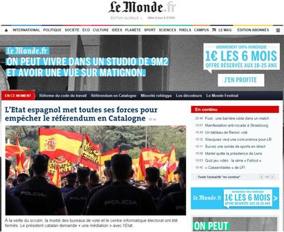 'Le Monde', también francés, destaca el referéndum ilegal del 1-O en Cataluña. Este medio opta por destacar las manifestaciones en contra del referéndum y por la unidad del país que se han sucedido en varas capitales.