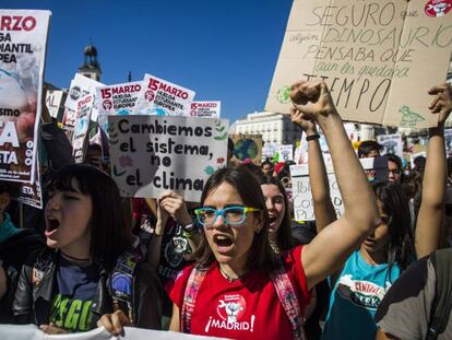 Protesta de estudiantes contra la falta de acción contra el cambio climático en marzo en Madrid.