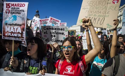 Protesta de estudiantes contra la falta de acción contra el cambio climático en marzo en Madrid.