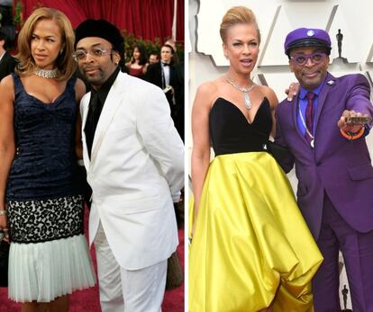 El director Spike Lee y su esposa, la productora Tonya Lewis Lee, en los premios Oscar de 2005 y en los de 2019.