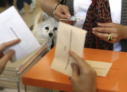 Detalle de una urna de un colegio electoral de Aravaca, con los primeros votos al inicio de los comicios municipales y autonómicos que se celebran hoy.