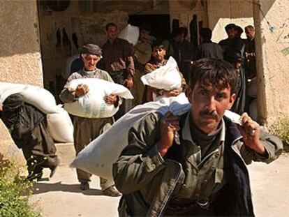 Milicianos kurdos se llevan sacos de arroz de un almacén del Ejército de Irak, ayer, en las afueras de la ciudad de Kirkuk.