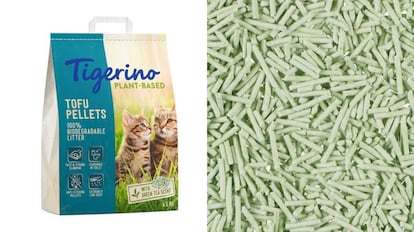 Este producto, una arena para gatos vegetal, está elaborada con fibras de soja y almidón.