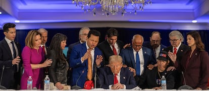 Republican presidential nominee and former U.S. President Donald Trump attends a roundtable discussion with Latino community leaders in Doral, Florida, U.S. October 22, 2024. 