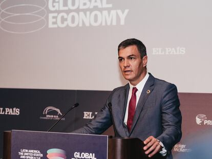Pedro Sánchez speaks at the 'Latin America, United States and Spain in the Global Economy' forum in New York, on Sept. 20, 2023.