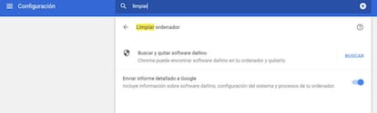 Desde este menú podemos limpiar nuestro ordenador de malware gracias a Google Chrome