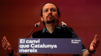 El vicepresidente segundo del Gobierno, Pablo Iglesias, durante el acto central de campaña de En Comú Podem para las elecciones catalanas del 14-F.