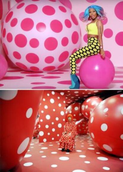 Imagen del vídeo ‘The Boys’ de Nicki Minaj./ Yayoi Kusama en su instalación 'Dots Obsession', 2009.