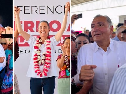 De izquierda a derecha, Marcelo Ebrard, Claudia Sheinbaum y Adán Augusto López, en actos electorales en mayo.