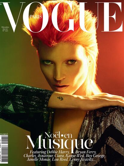 Aquí Kate Moss vestida otra vez como Ziggy Stardust para la portada de Vogue Paris en 2012. Las fotos son de Mert Alas & Marcus
